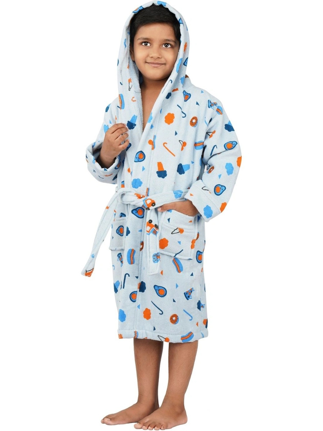 RANGOLI Pizza-Theme, 400 GSM Blue Conversational Cotton Drawstring Midi Bath Robe-5-6Y