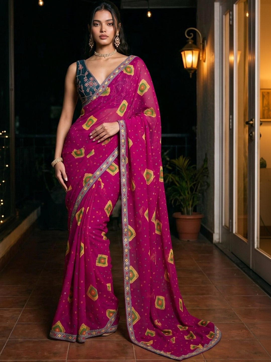 SAARA Bandhani Embroidered Pure Chiffon Saree