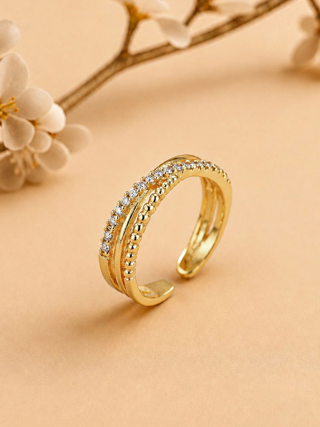 ARTKLIM Gold-Plated American Diamond Studded Adjustable Finger Ring