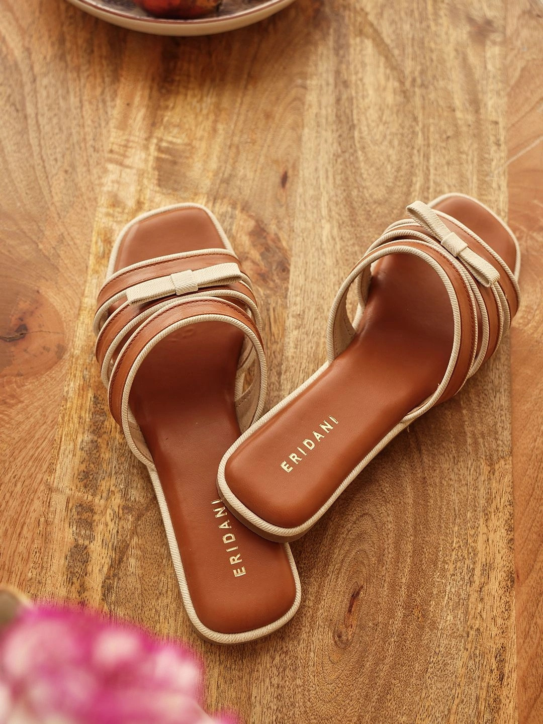 ERIDANI Women Striped Open Toe Flats with Bows