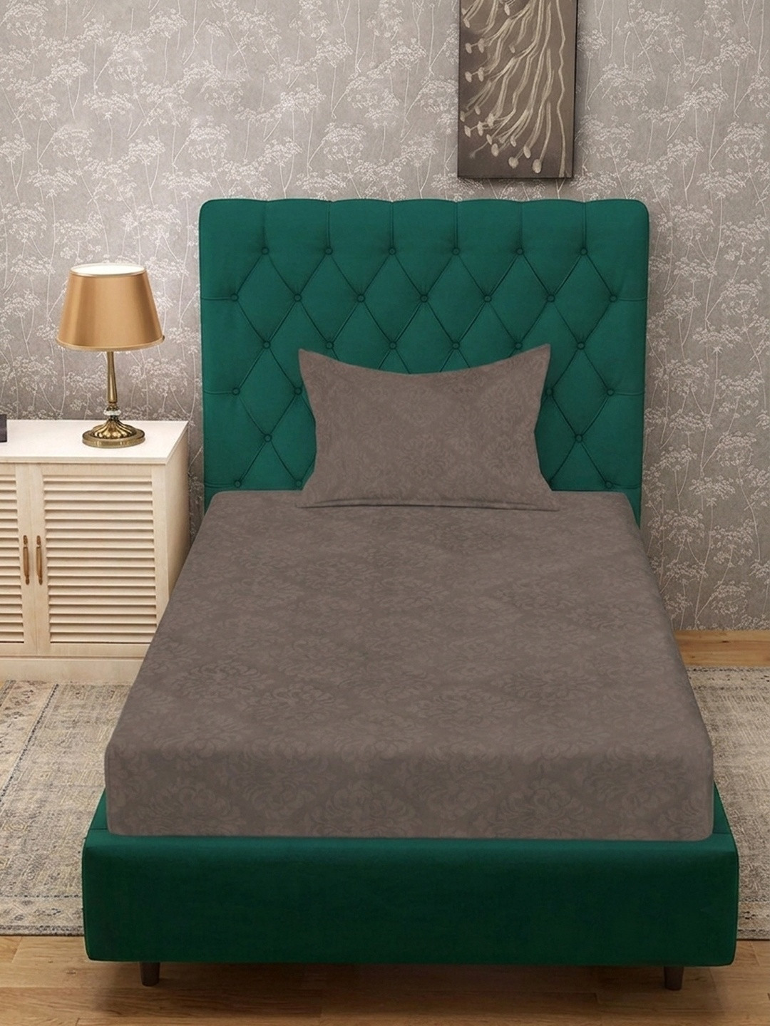 Myntra Elegant Homes Brown Floral 300 TC Single Bedsheet With 1 Pillow Covers