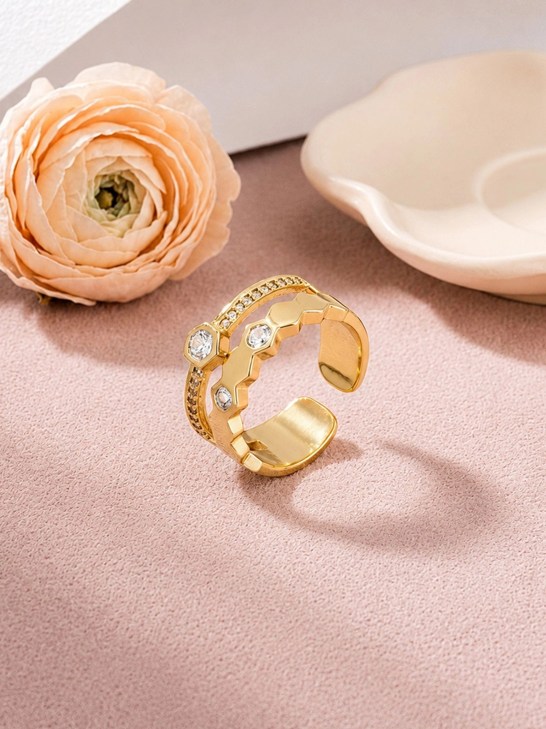 ARTKLIM Gold-Plated Cubic Zirconia Studded Adjustable Finger Ring