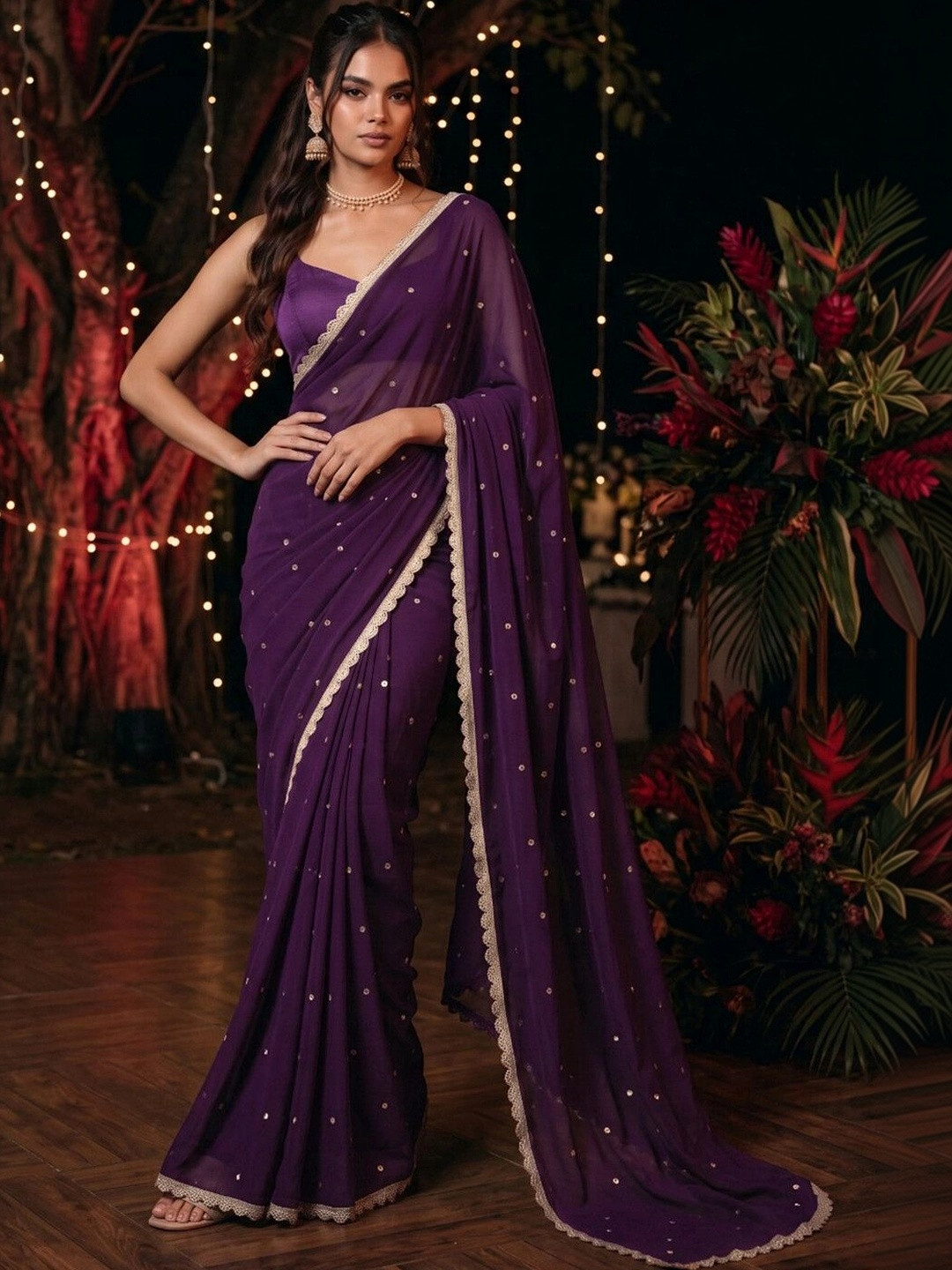 SAARA Embroidered Dark Purple Silk Ready to wear saree With Unstiched Blouse
