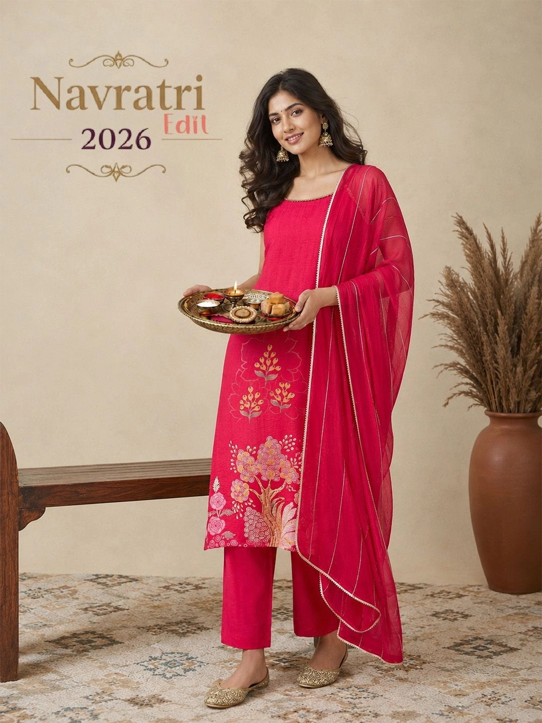 Varanga Women Spaghetti Tie Up Strap Floral Kurta with Trousers & Dupatta