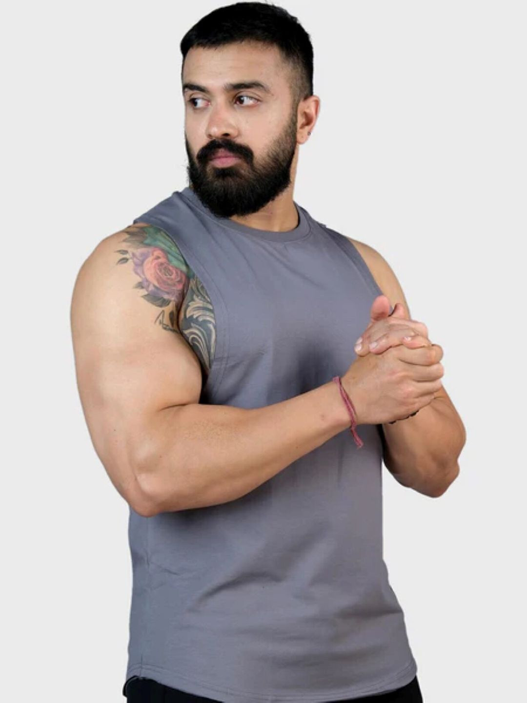 FUAARK Grey Round Neck Gym Cotton Sleeveless Vest
