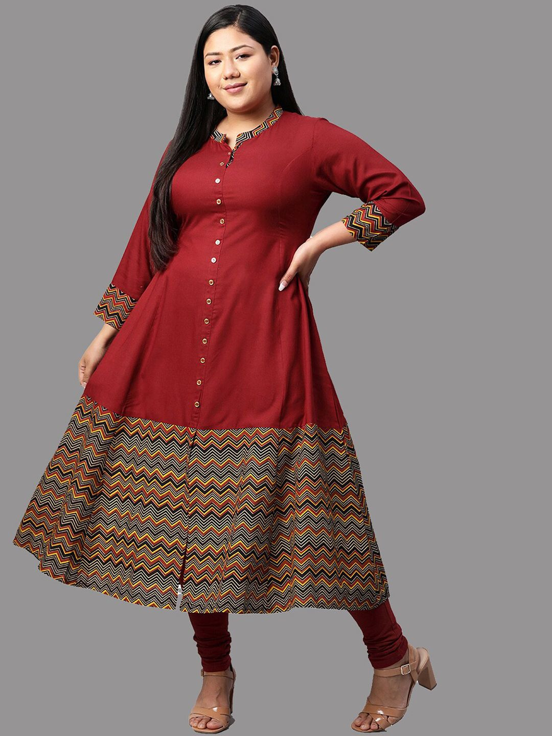 KALINI Geometric Mandarin Collar Thread Work Plus Size Anarkali Kurta
