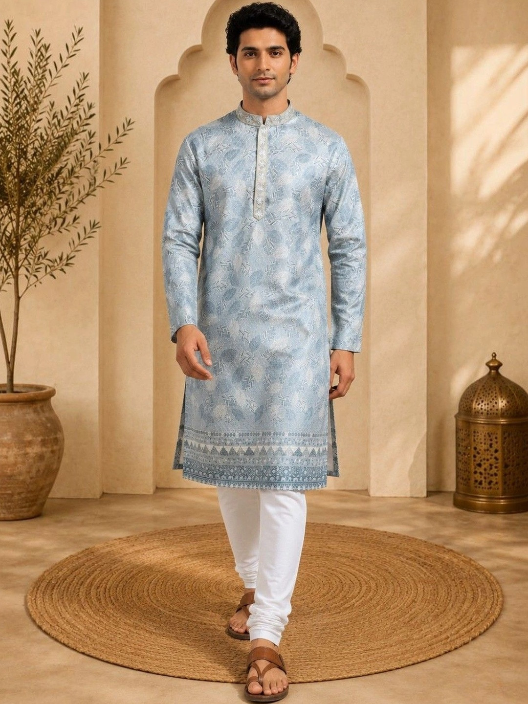 TATTVA Men Ethnic Motifs Printed Regular Thread Work Kurta with Pyjamas
