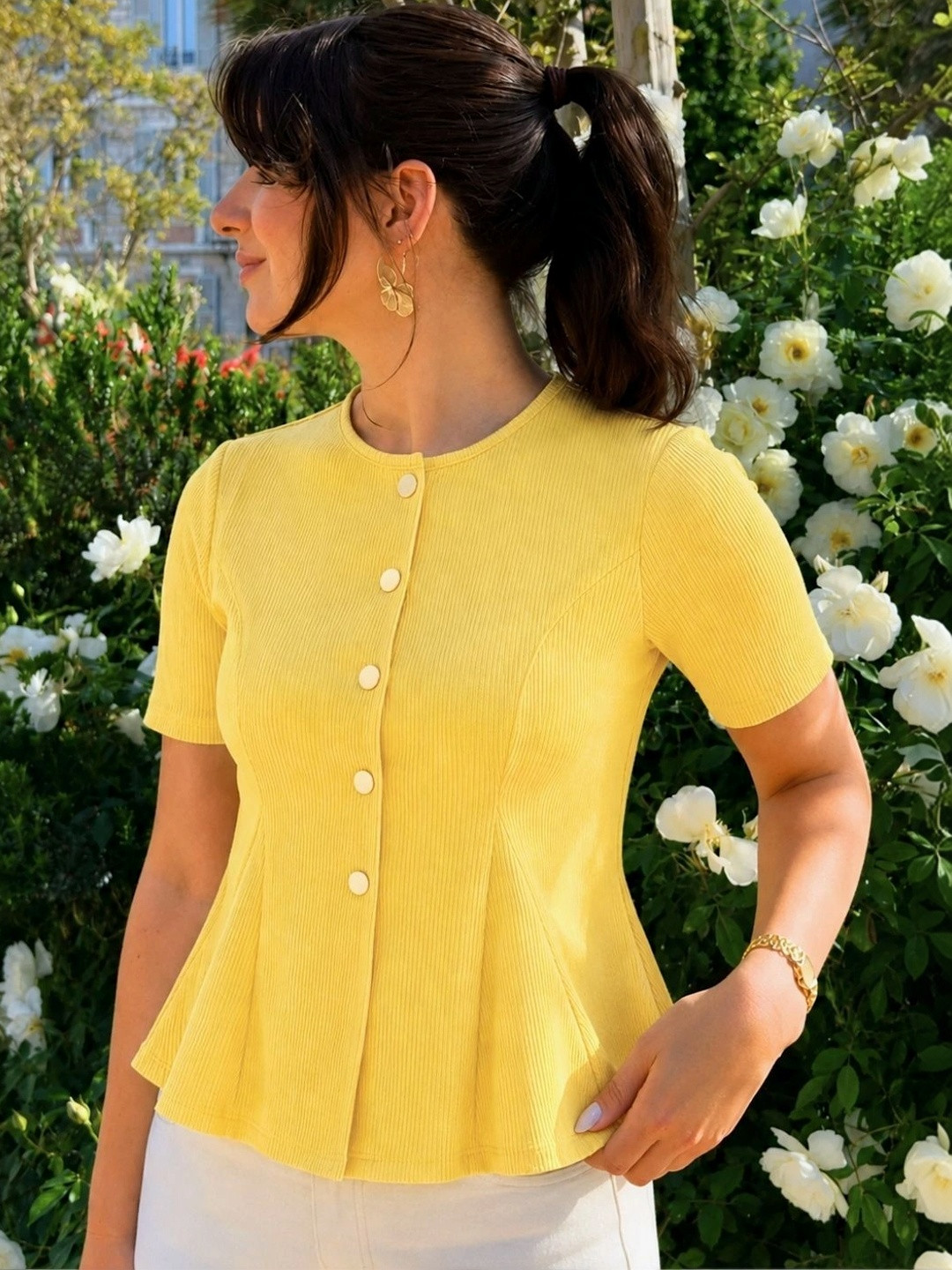 Uptownie Yellow Stretchable Button Front Peplum Waistcoat