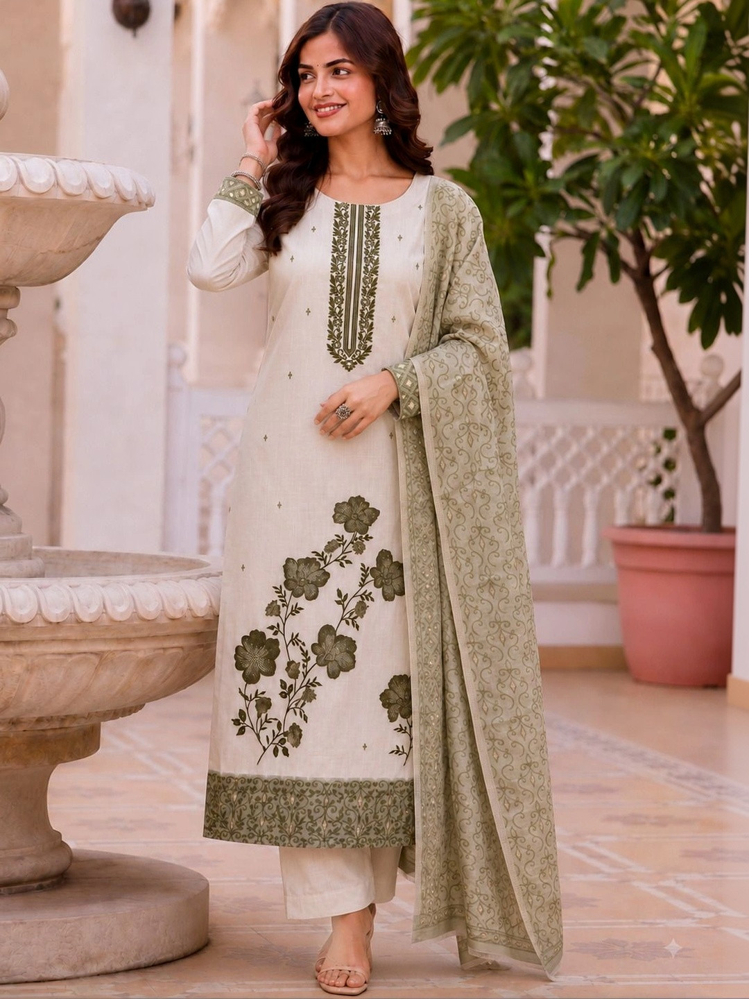 SHU-GORA Women Floral Embroidered Regular Thread Work Kurta with Trousers & With Dupatta