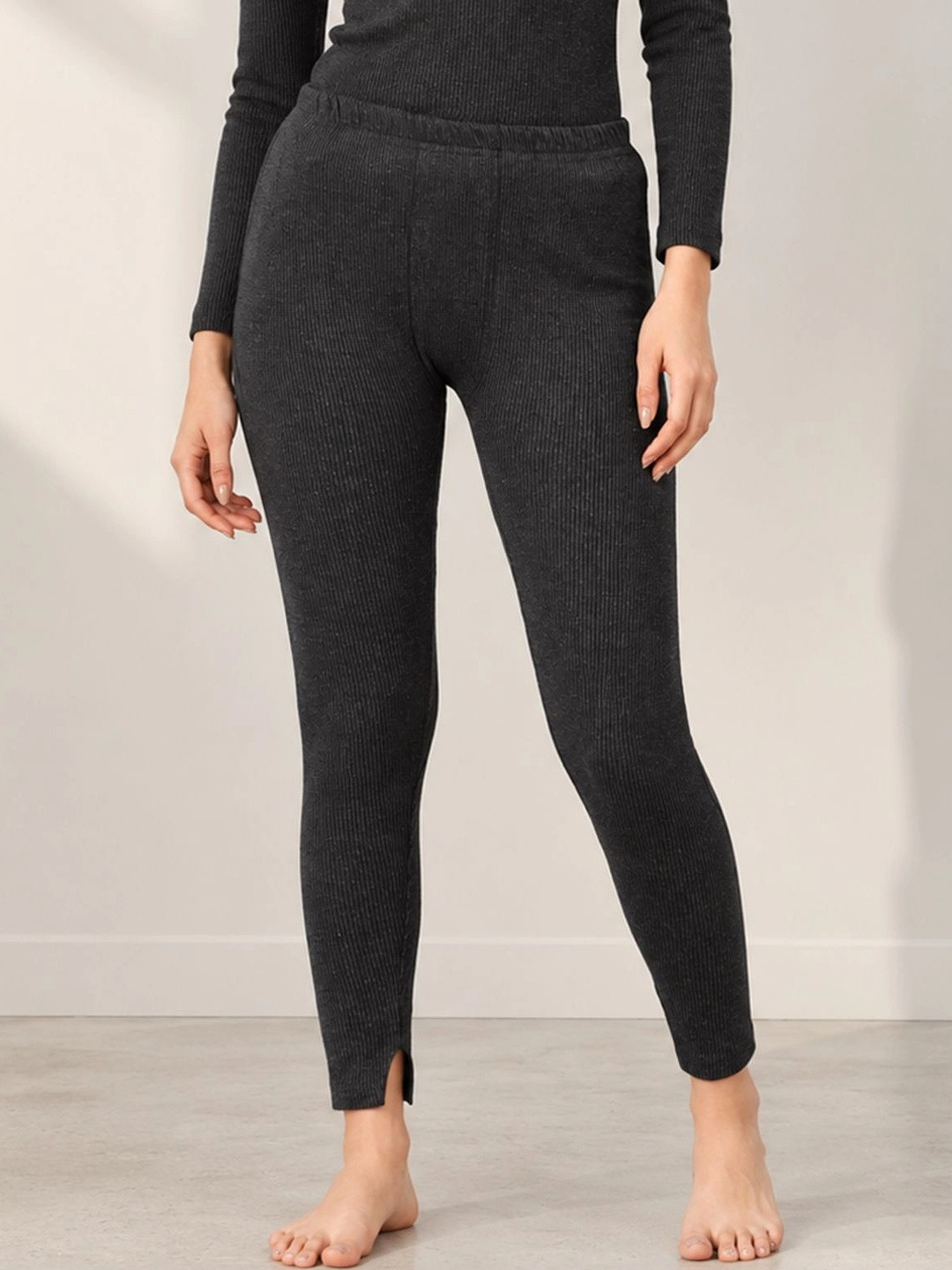 Lux Cozi Ribbed Pure Cotton Mid-Rise Thermal Bottoms