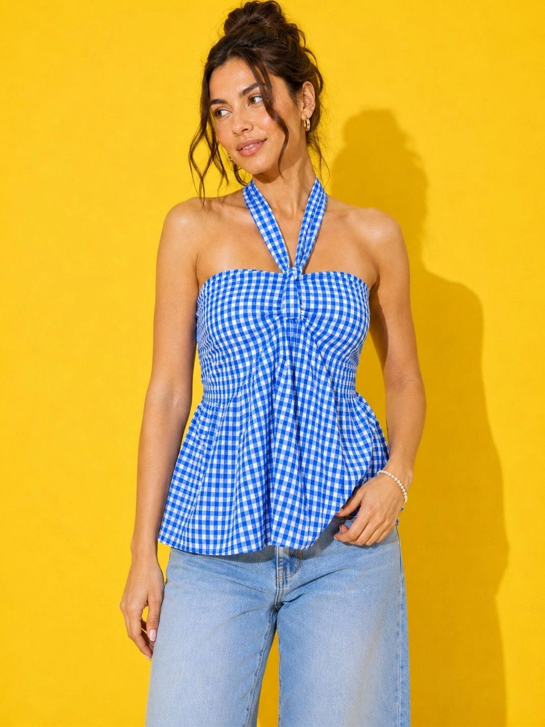 IQOA Checked Halter Neck Cotton Peplum Top