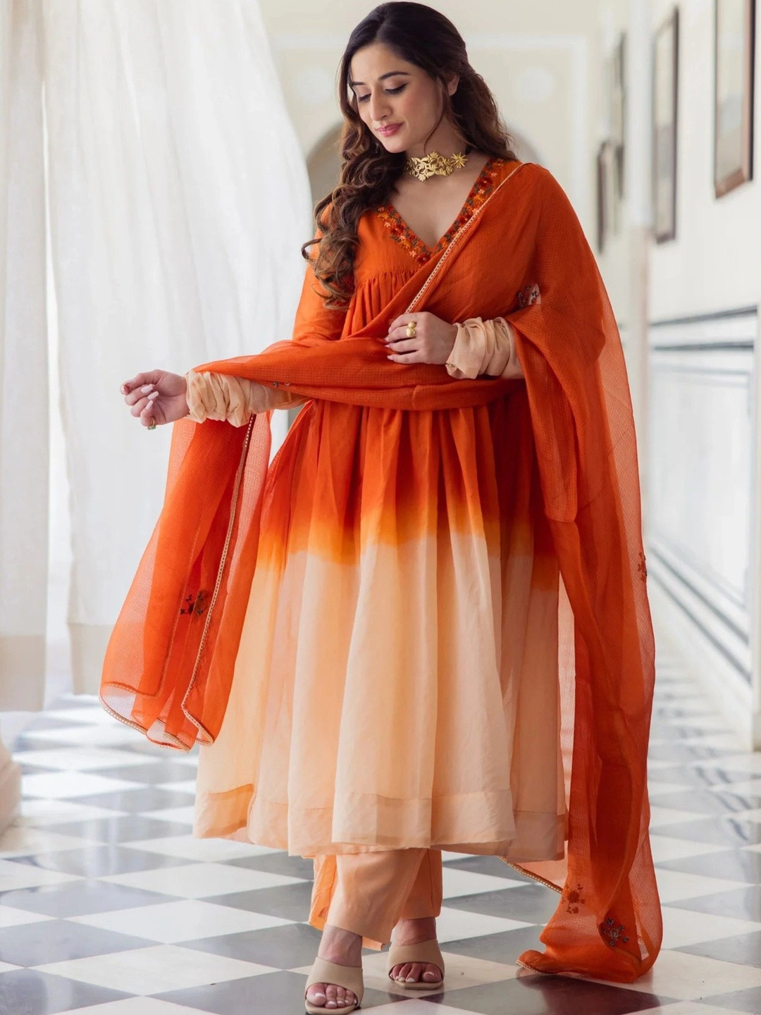 Anouk Women Ombre Dyed Empire Thread Work Kurta with Trousers & With Dupatta