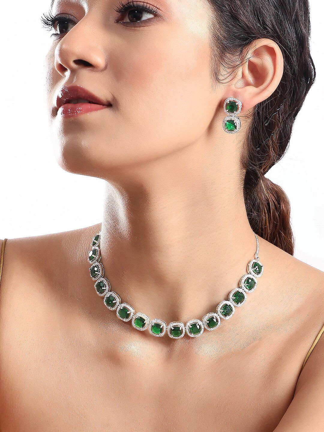 Rubans Rhodium-Plated Emerald Green & Cubic Zirconia Studded Jewelry Set