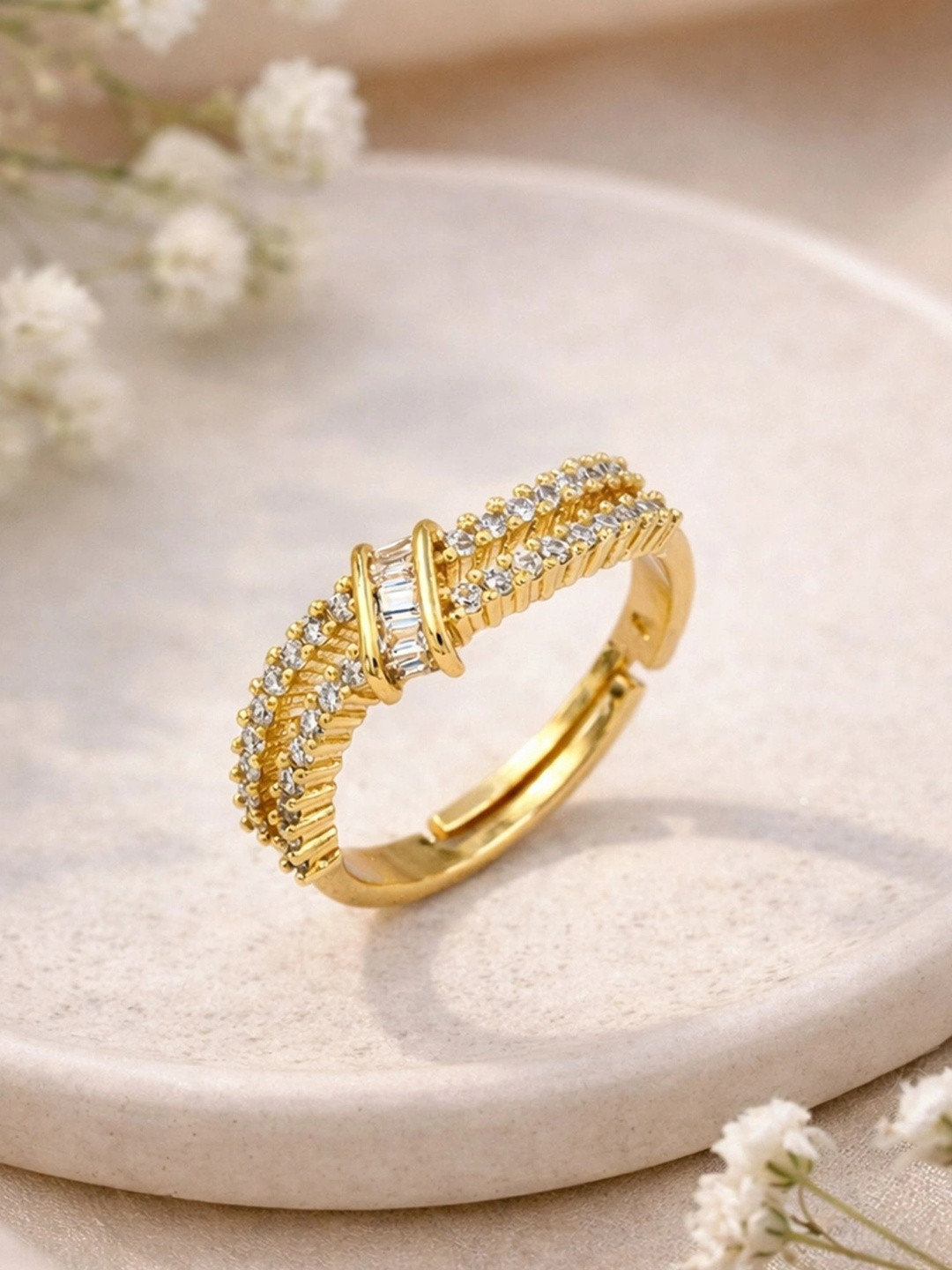 ARTKLIM Gold-Plated Cubic Zirconia Stone-Studded Adjustable Finger Ring