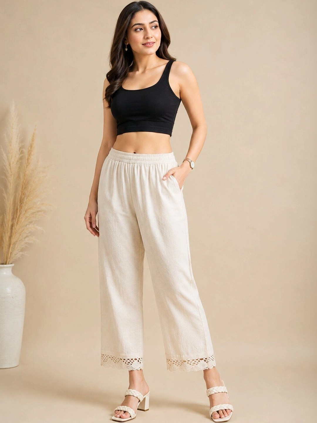 ONLY ROYAL Women Lace Linen Ethnic Palazzos