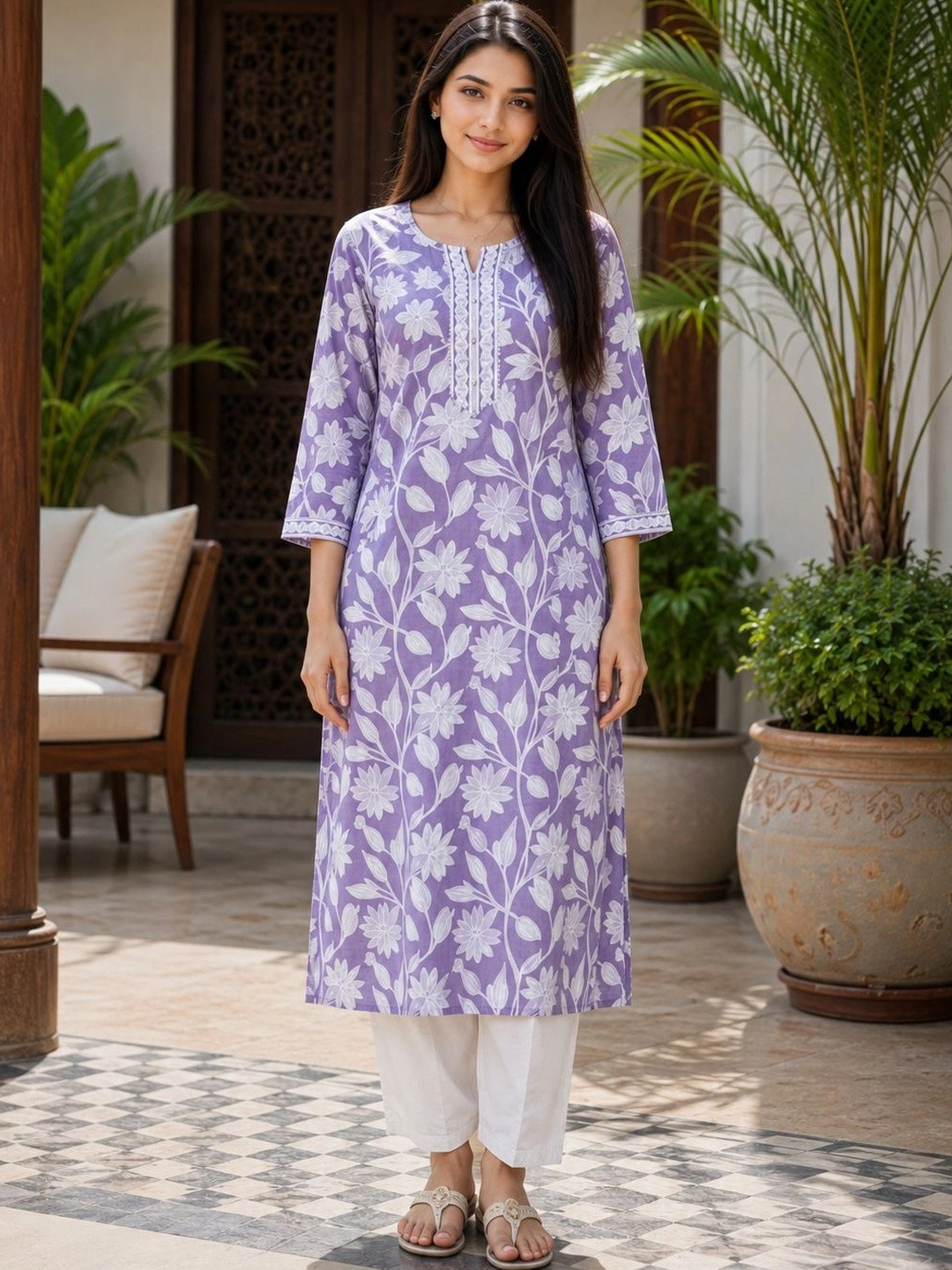 Rajnandini Floral Printed Chikankari Pure Cotton Blend Chikankari Kurti