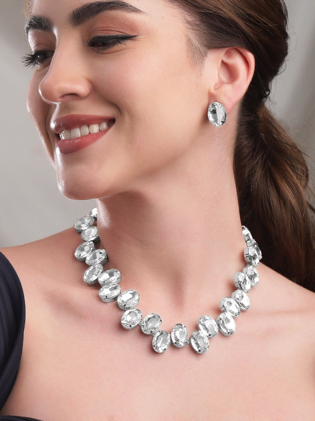 Rubans 24K Rhodium-Plated Crystal Zirconia Studded Oval Cut Statement Necklace & Earrings