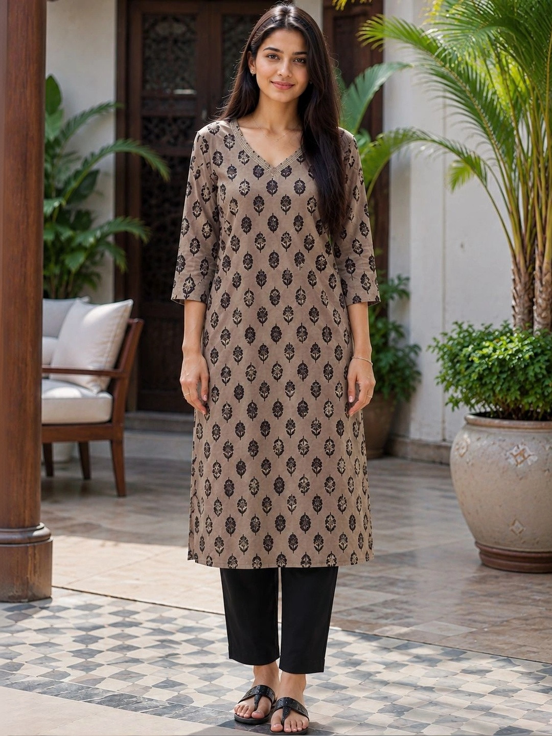 Moda Rapido women Ethnic Motifs Printed V-Neck Pure Cotton Blend Kurti
