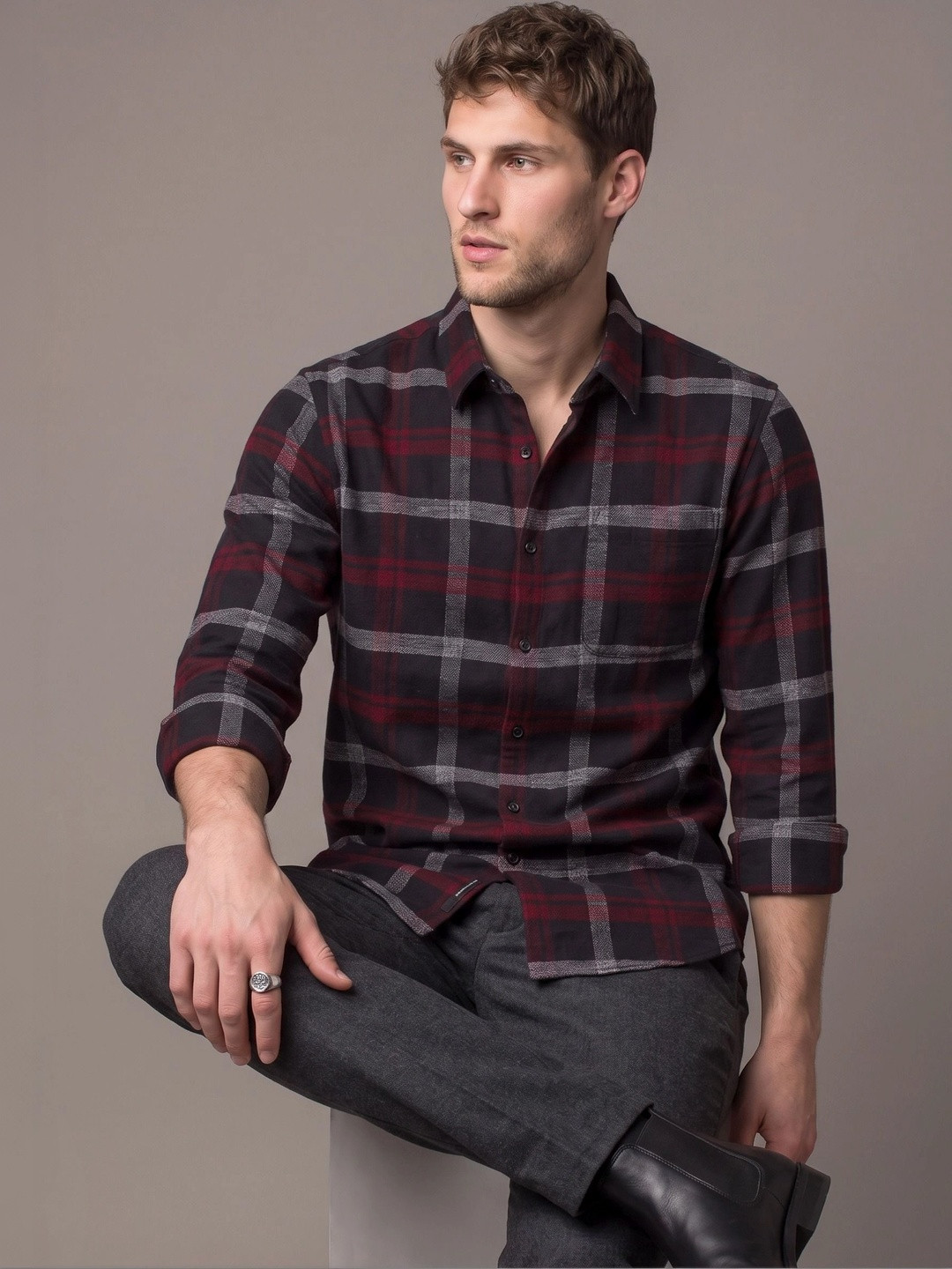 HERE&NOW Men Slim Fit Tartan Checks Checked Casual Shirt