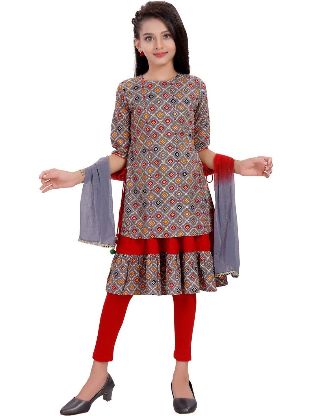 MASTARANG Girls Printed Layered Kurta With Dupatta
