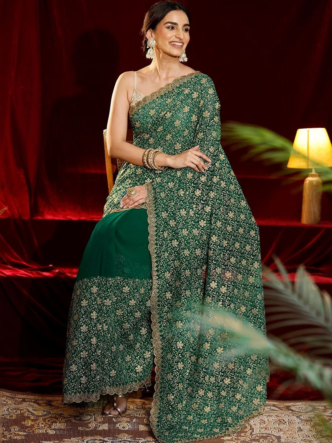 Libas Bottle Green Floral Embroidered Georgette Saree