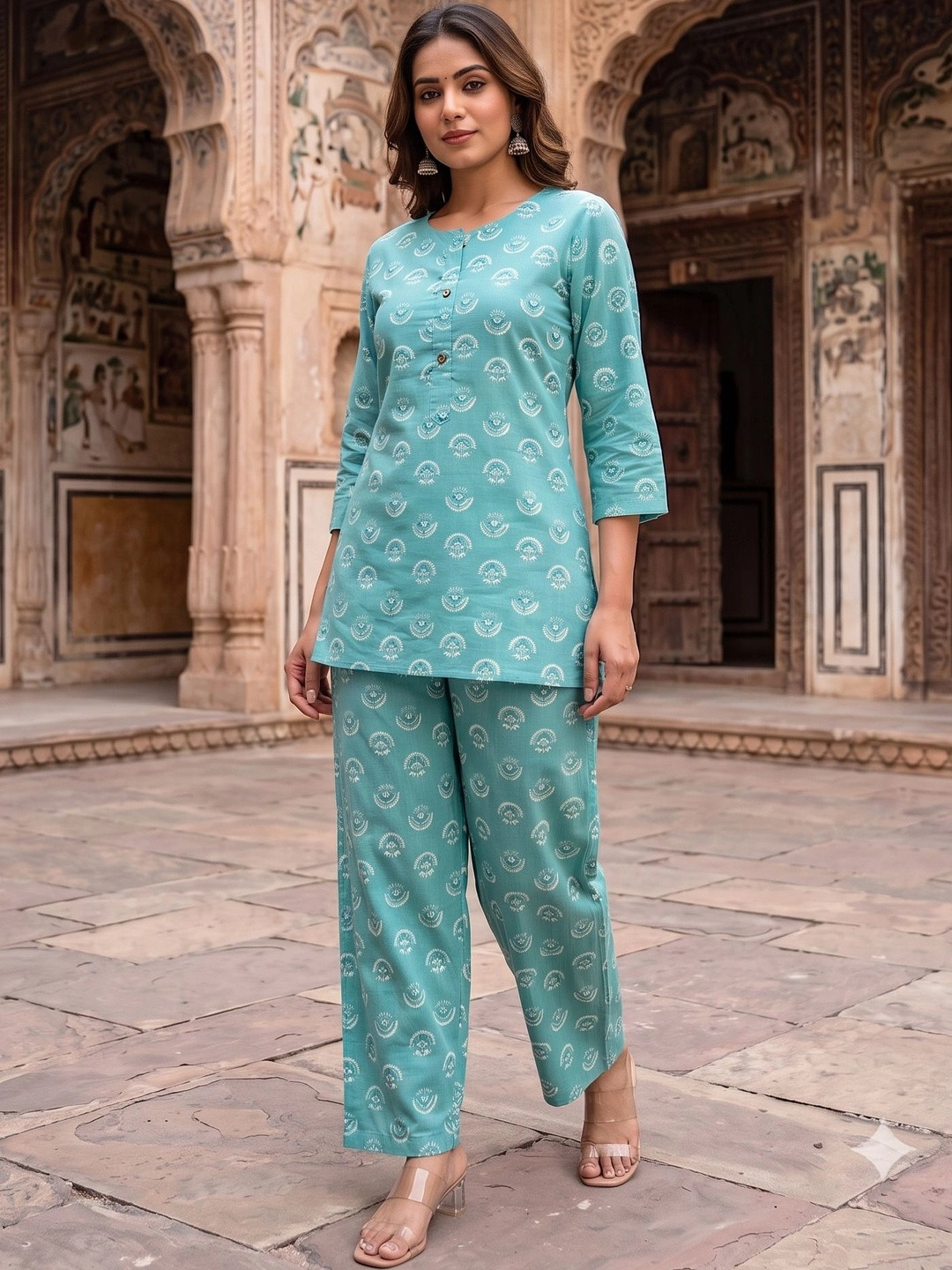 Bunkari Women Ethnic Motifs Printed Regular Pure Cotton Kurti with Trousers