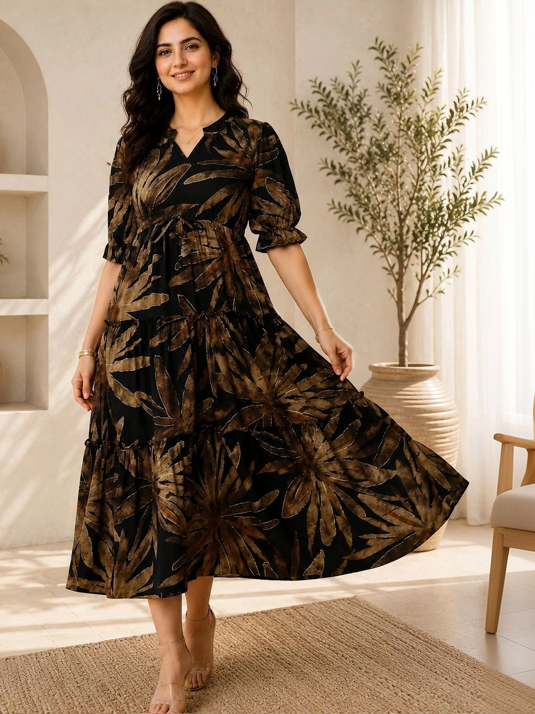 Manqsh by Claura Tropical Print A-Line Midi Dress