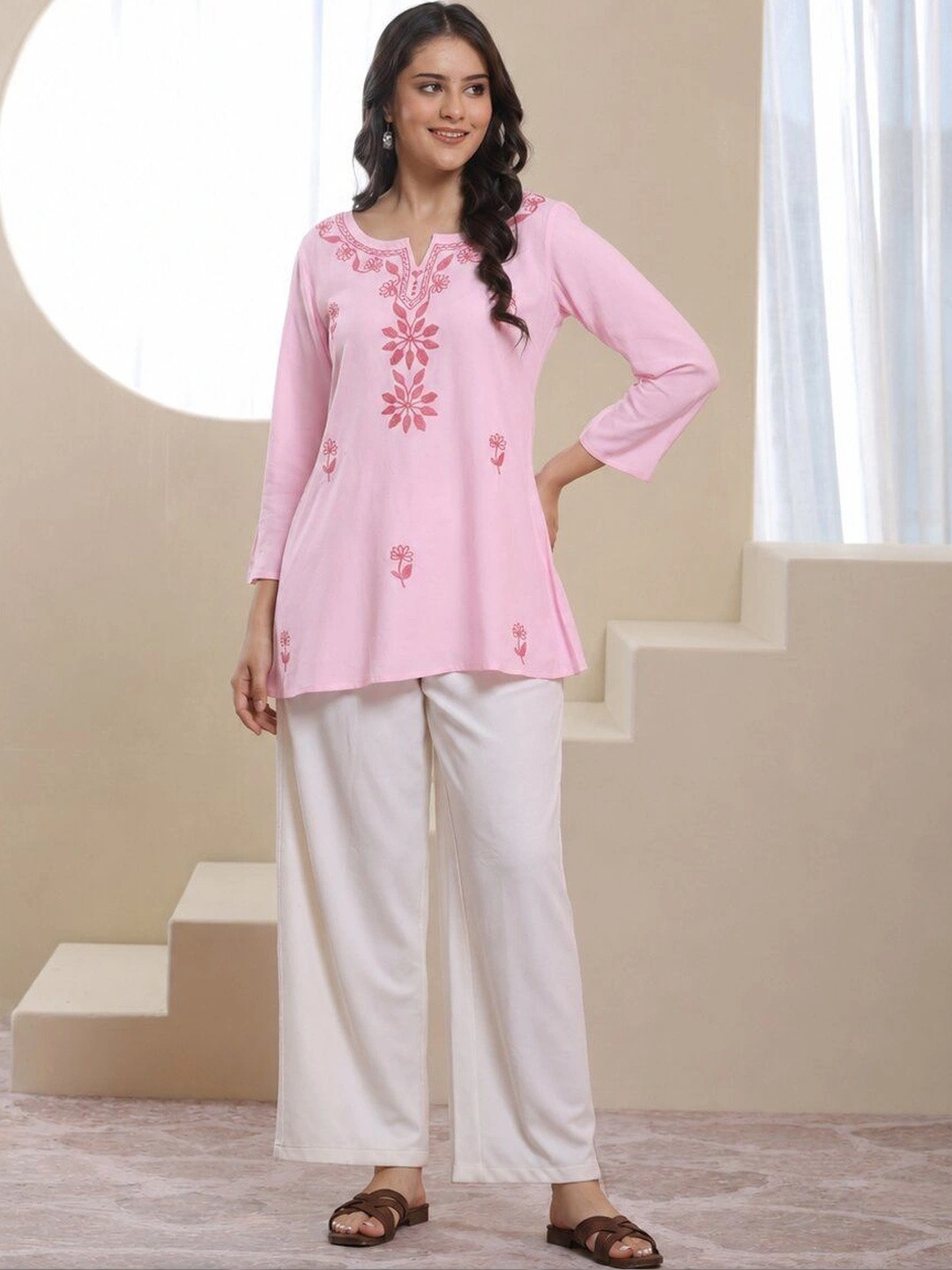 QAZMI Women's Kashmiri Aari Embroidered Viscose Rayon A-Line Flared Kurti