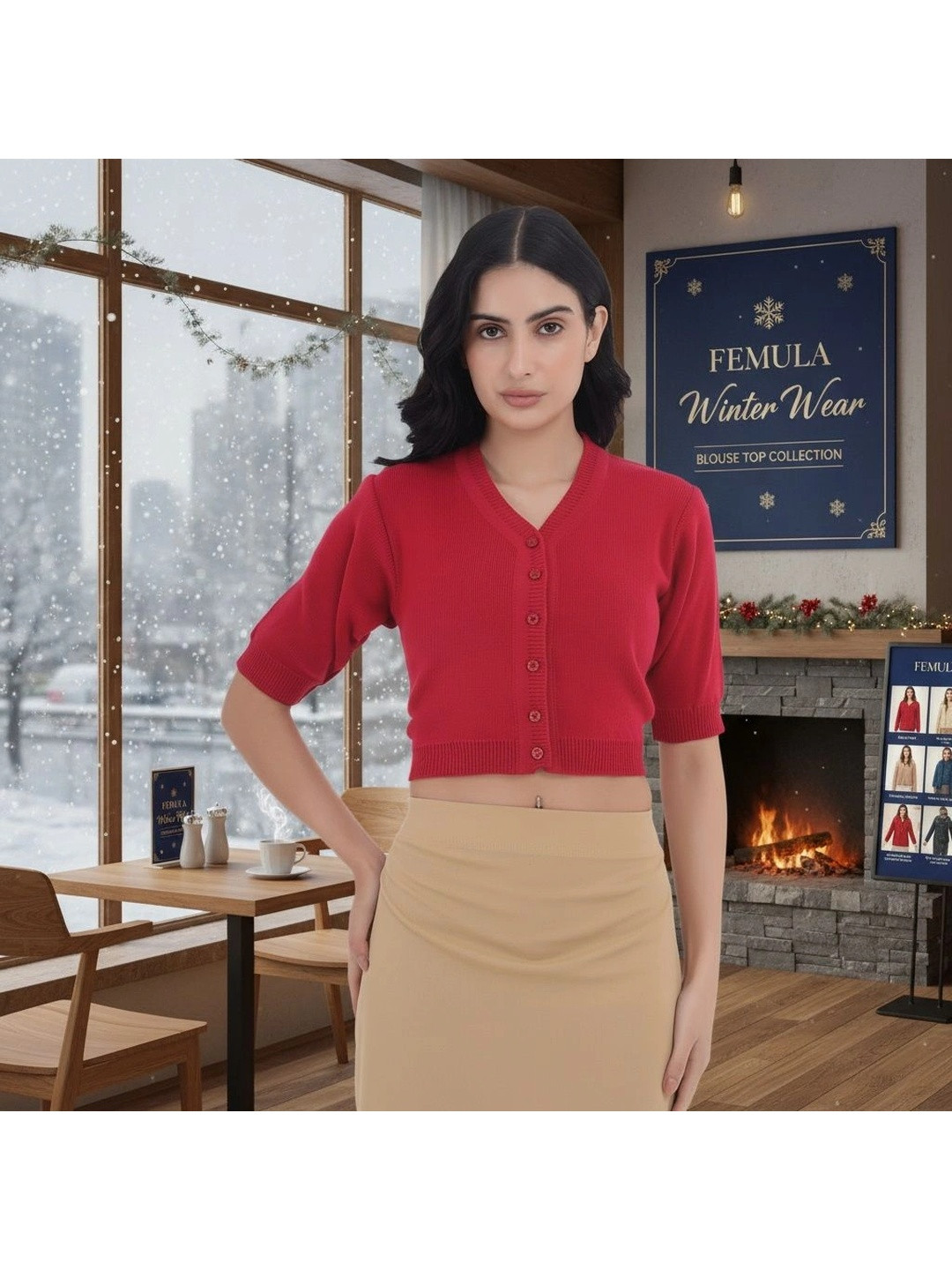 FEMULA Women Pink Woolen Blouson Crop Top