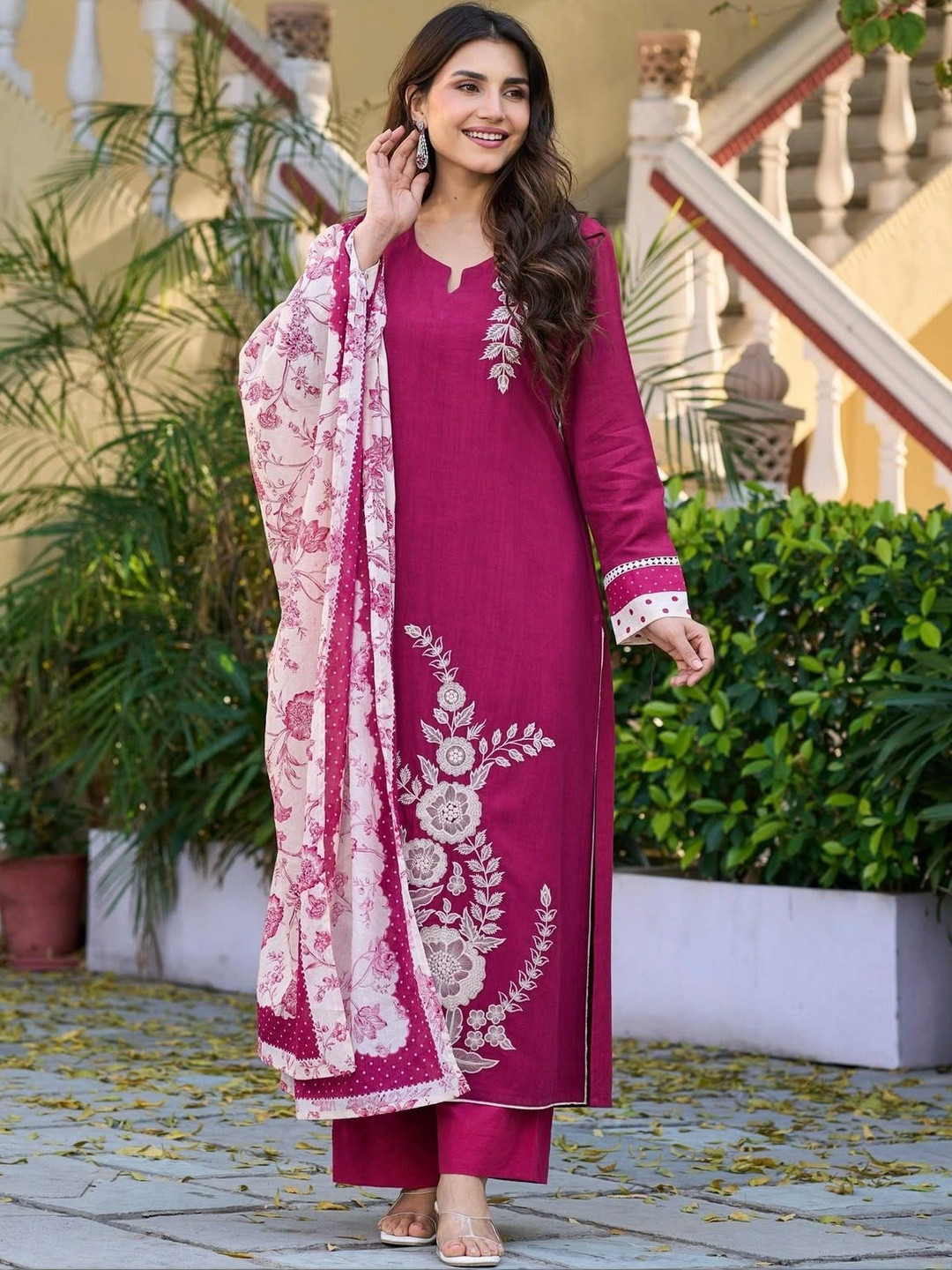 KALINI Women Floral Printed Regular Pure Cotton Kurta with Trousers & With Dupatta