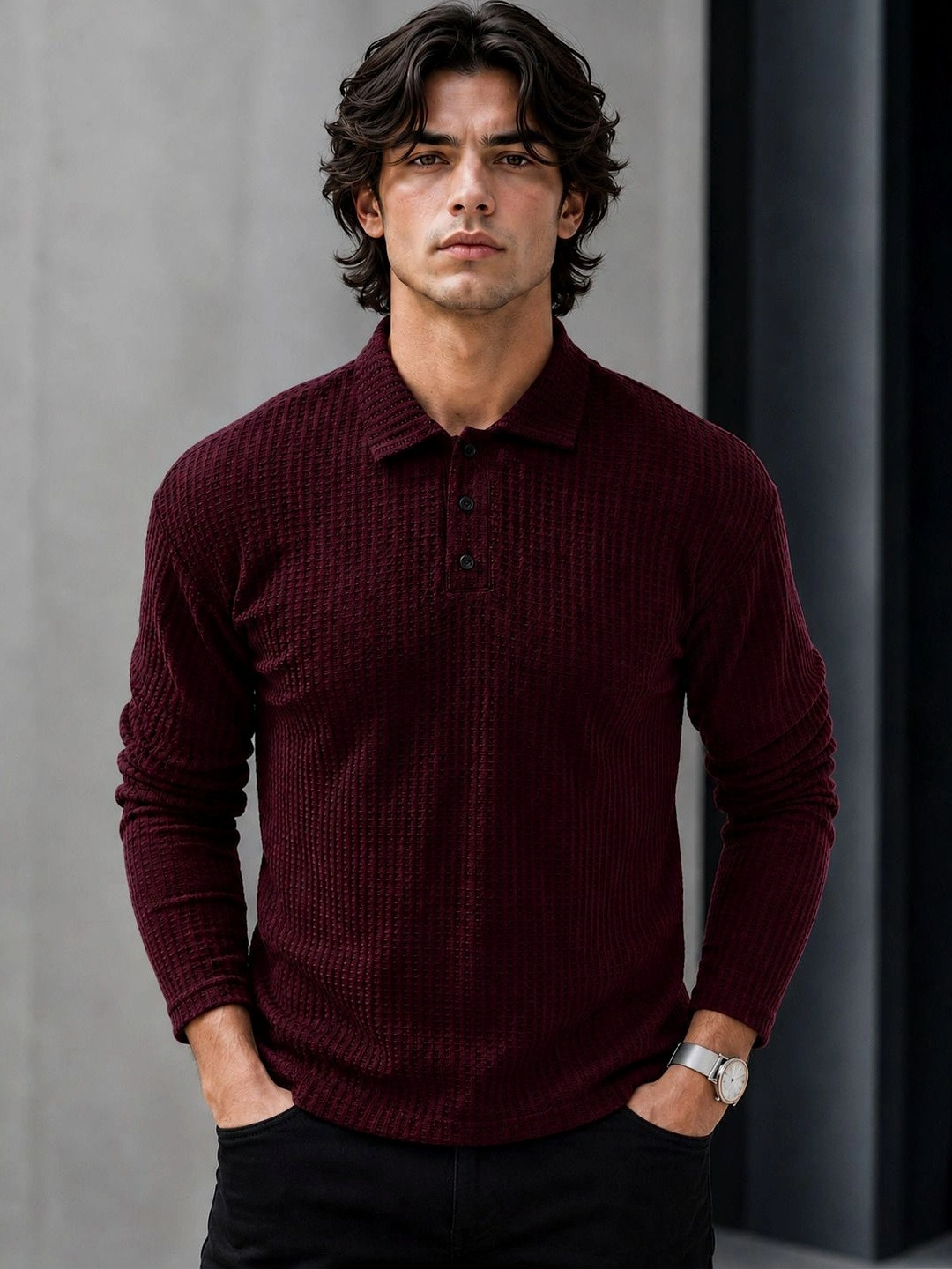 HOODLER Men Solid Polo Collar Cotton T-shirt