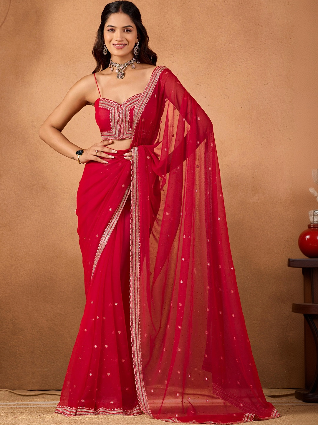 KIYAA FASHION Embellished Embroidered Pure Chiffon Saree