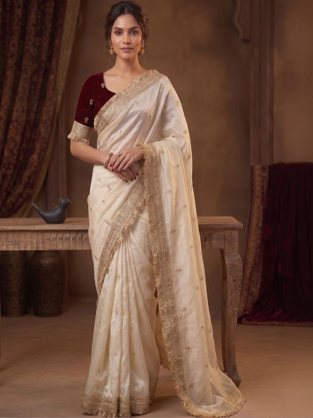 Tankori Embellished Embroidered Satin Heavy Work Saree