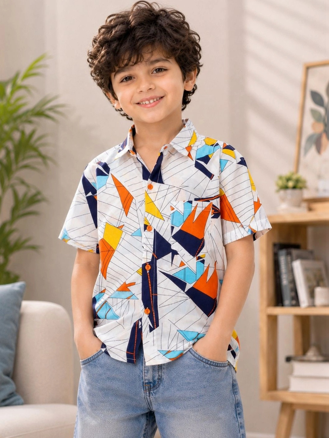 Superminis Boys Relaxed Printed Spread Collar Short Sleeves Shirt