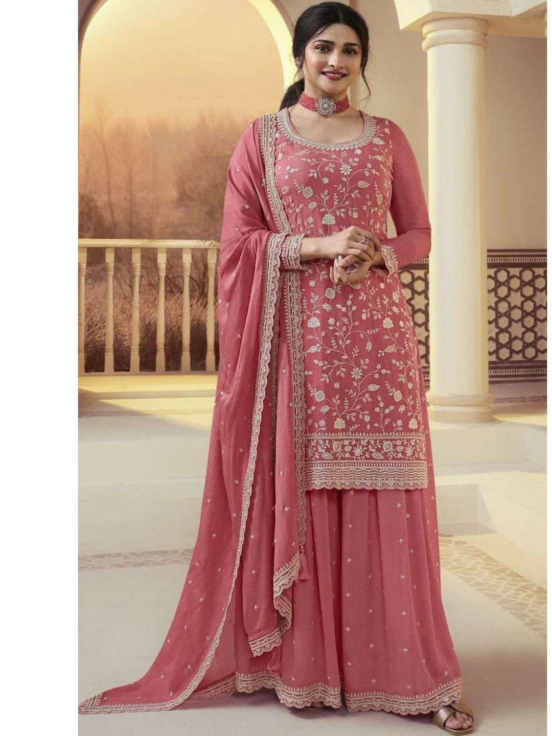 HERE&NOW Women Ethnic Motifs Embroidered Regular Thread Work Kurta with Sharara & With Dupatta