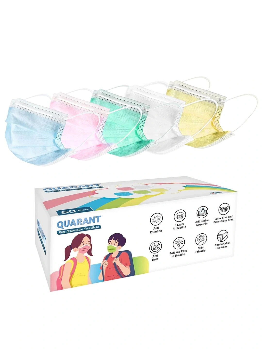 QUARANT Pack Of 50 3-Ply Kids Anti Pollution Disposable Face Mask