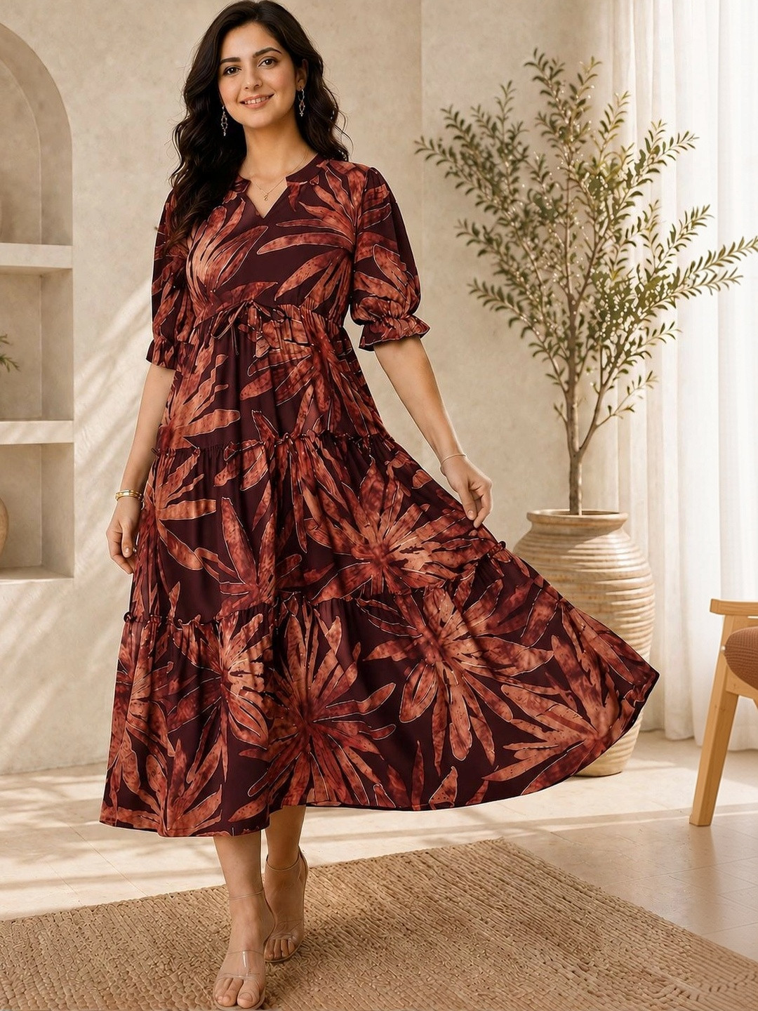Manqsh by Claura Floral Print A-Line Midi Dress