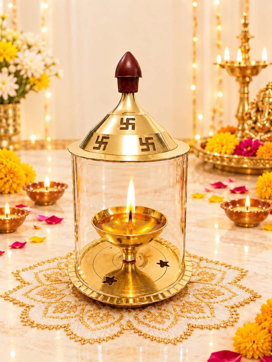 Heaven Decor Traditional Brass and Glass Akhand deep Diya with Cover for Puja