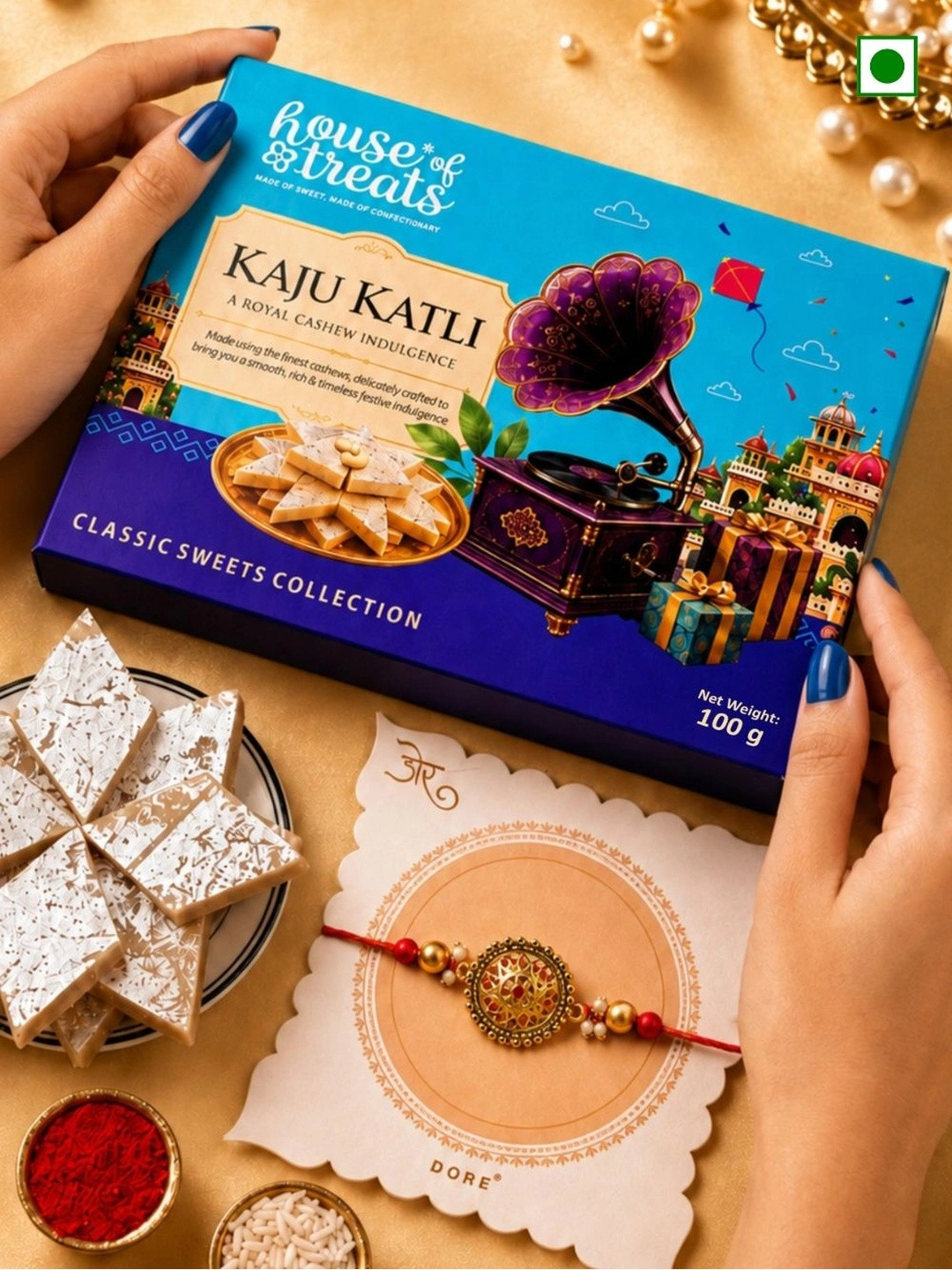 Hyperfoods 2-Pcs Rakhi Gift Set With Kaju Katli 100g