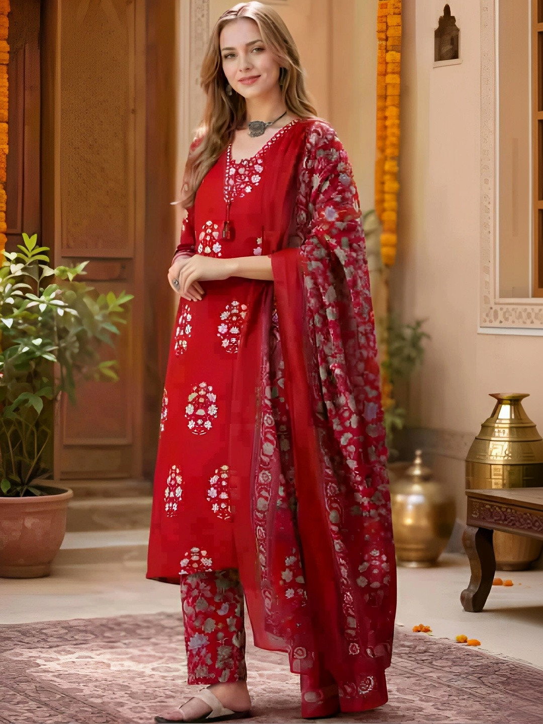 Bunai Dhaga Women Floral Printed Regular Pure Cotton Kurta with Trousers & With Dupatta
