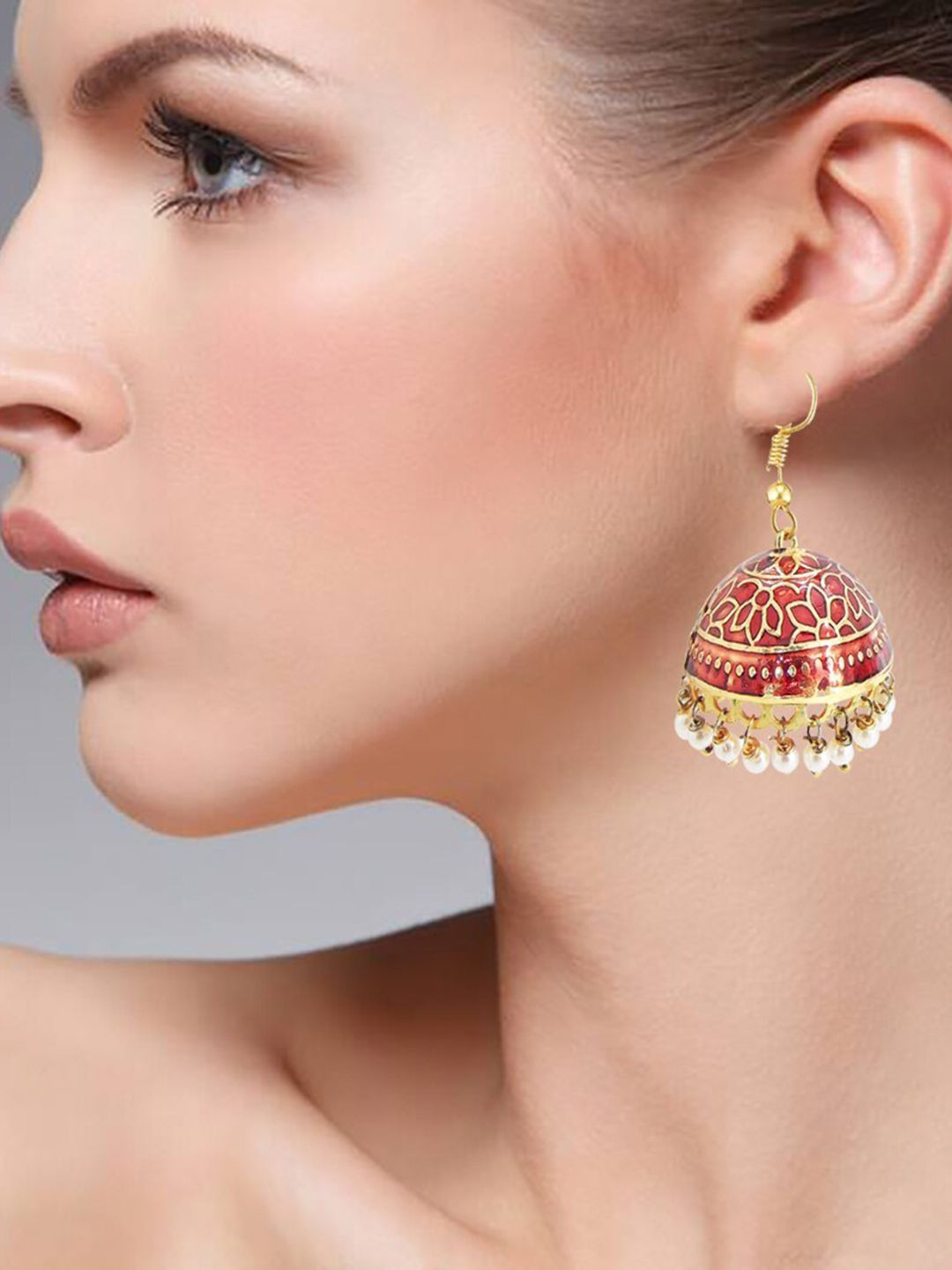 FEMMIBELLA Maroon & Gold-Toned Geometric Jhumkas Earrings