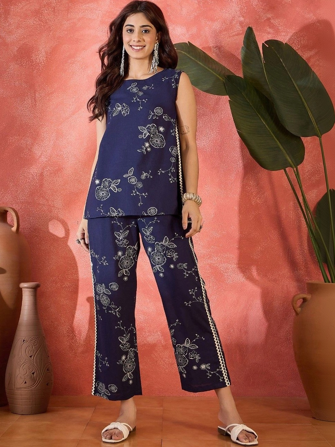 Sangria Floral Cotton Printed Top with Trousers