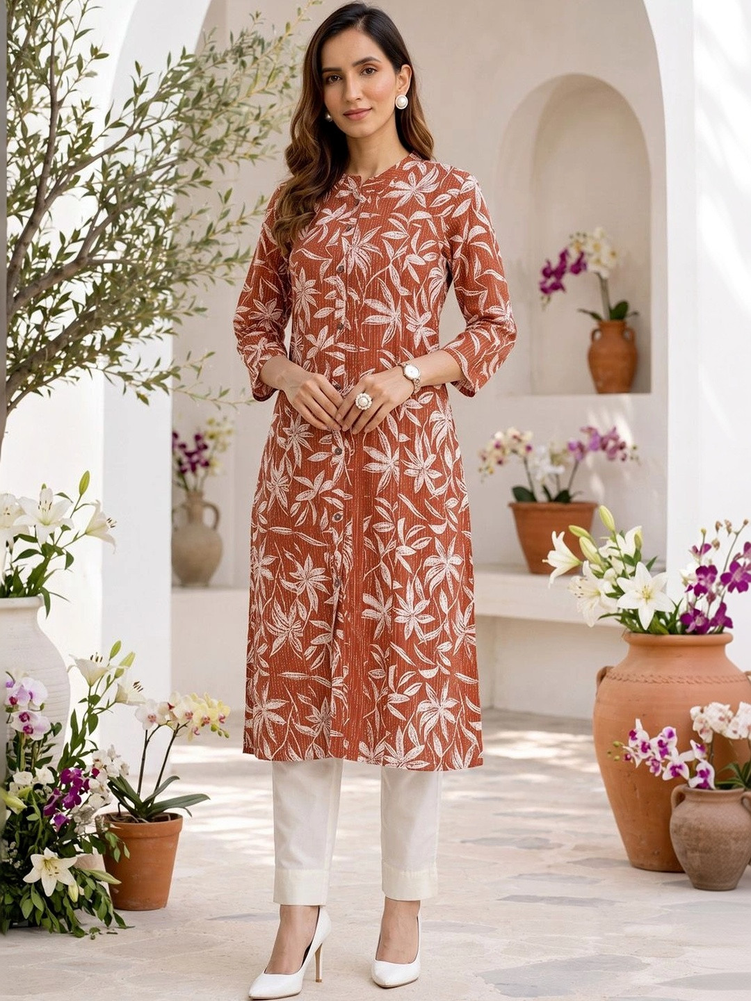 KALINI Women Floral Printed Thread Work Block Print Pure Cotton Kurta