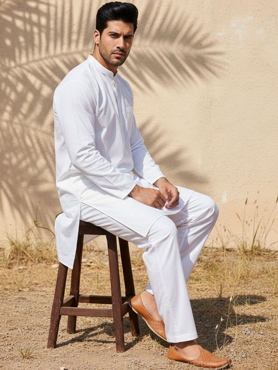 Excent Mandarin Collar Pure Cotton Straight Kurta With Pyjamas