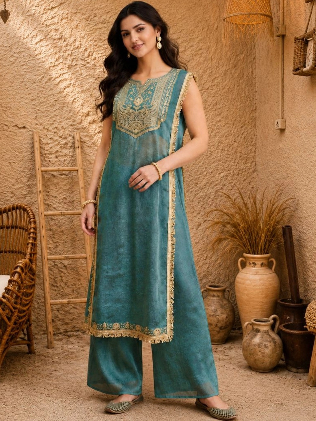 Colors of Earth Women Ethnic Motifs Embroidered Regular Pure Silk Kurta with Palazzos