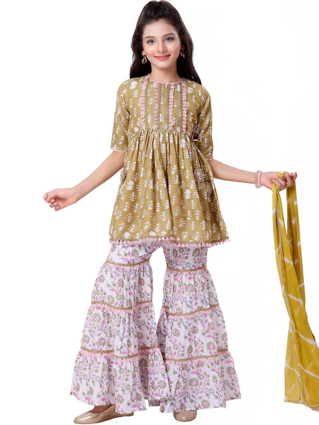 MASTARANG Girls Ethnic Motifs Printed Empire Kurta with Sharara & With Dupatta