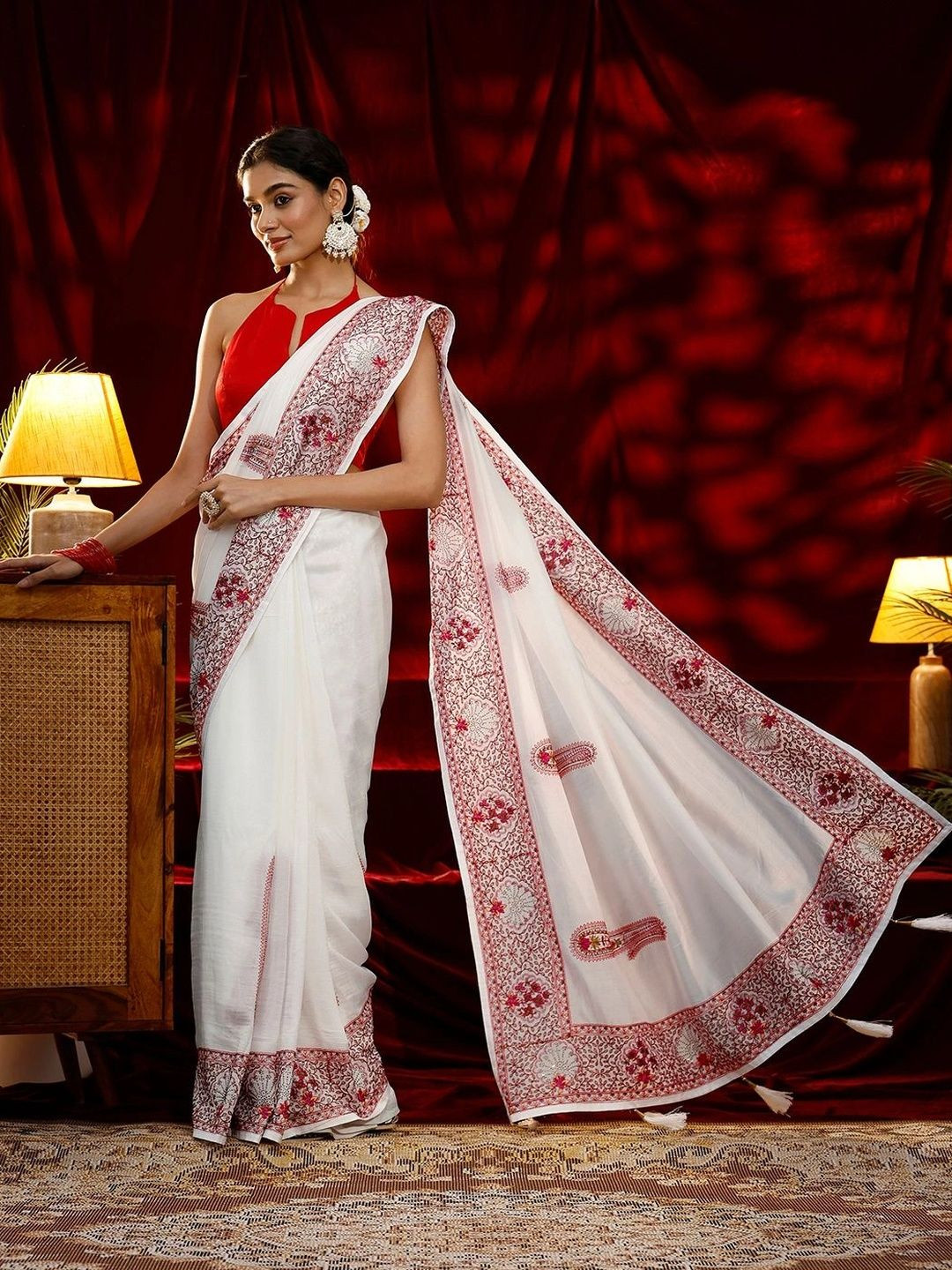 Libas Cream Embroidered Silk Blend Saree