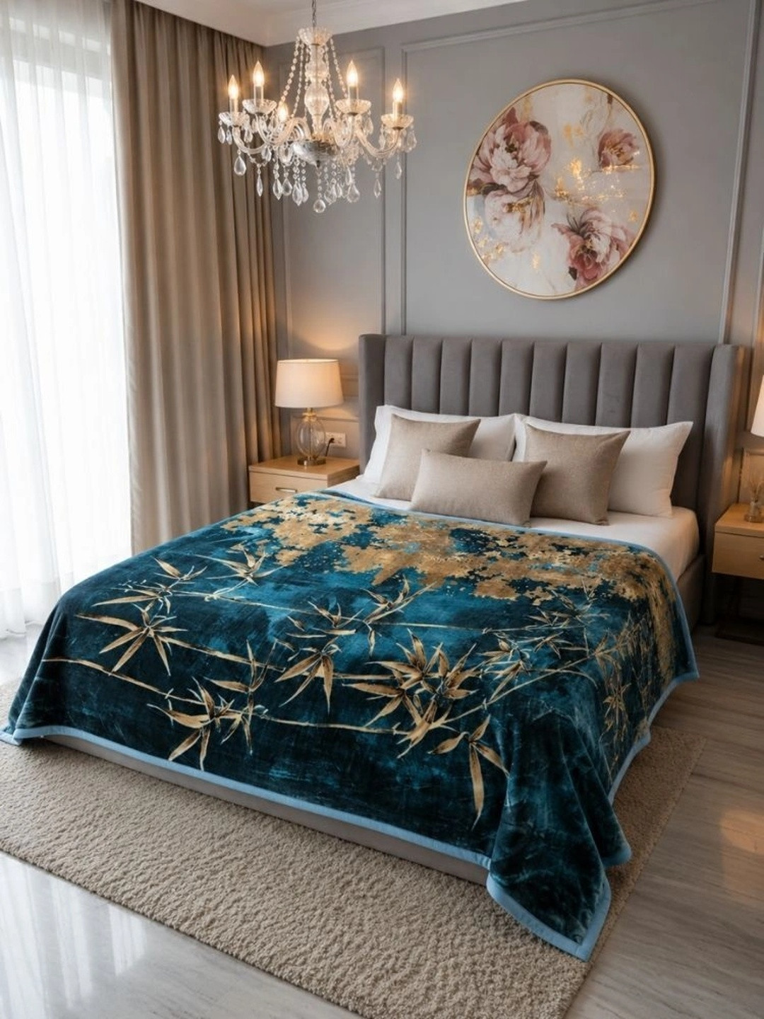 Signature Turquoise Blue & Gold-Toned Floral Mild Winter 600 GSM Blanket