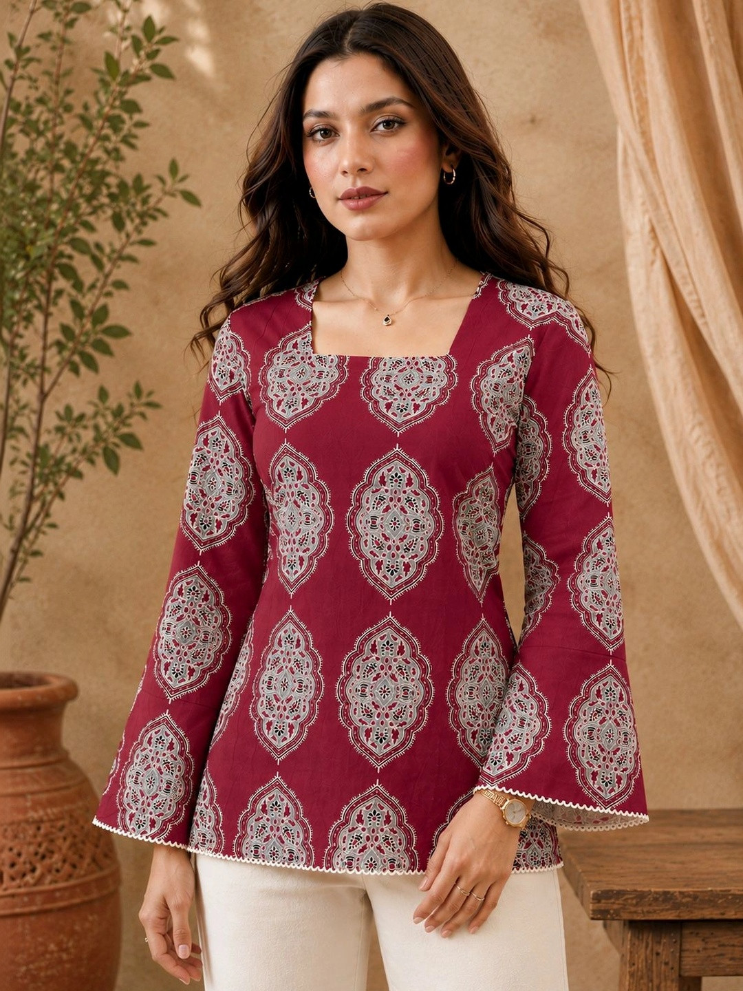 CHORAS Women Ethnic Motifs Printed Square Neck Pure Cotton Kurti