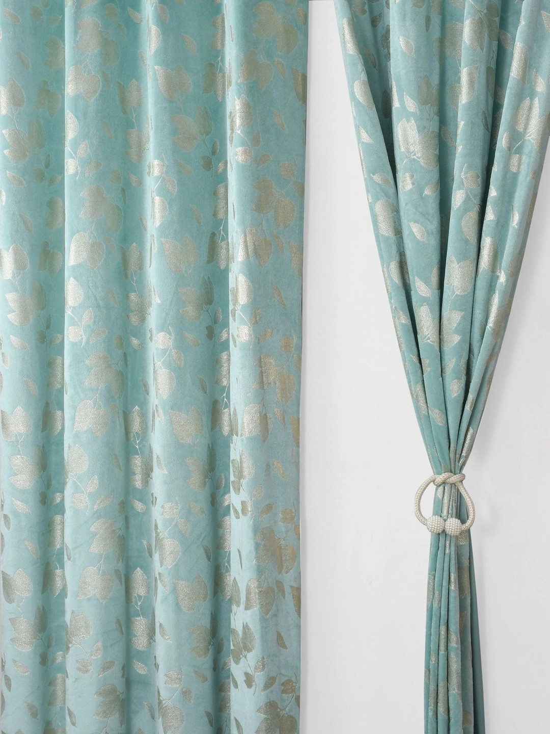 Aura Green Set of 2 Floral Room Darkening Long Door Curtain